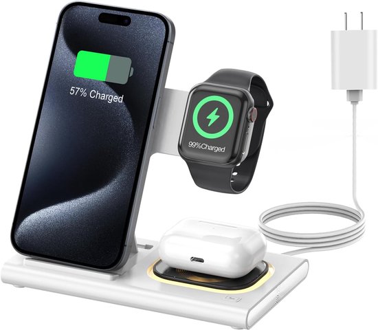 Witte 3-in-1 draadloze oplader met een iPhone, Apple Watch en draadloze oordopjes. Inclusief adapter en witte kabel.