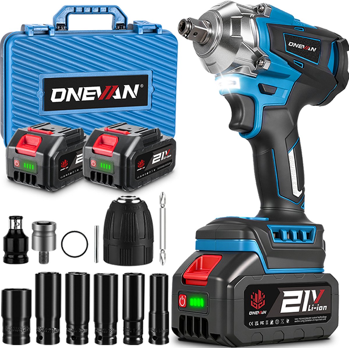 ONEVAN Accu Slagmoersleutel 21V - 1200Nm Slagmoersleutel - Slagschroevendraaier - Borstelloze Slagmoersleutelset - met 2x Accu en 6x Moerdoppen, Bitadapter - voor huis en auto