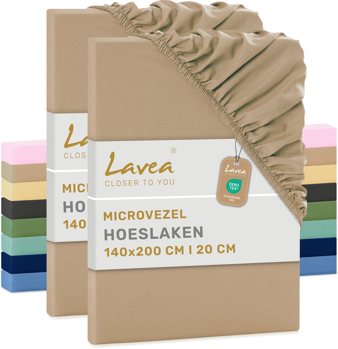 Lavea® Set van 2 Hoeslakens 140x200 cm – zachte en ademende microvezel – voor matrassen tot 20 cm – met elastiek rondom – oeko-tex gecertificeerd – Zand