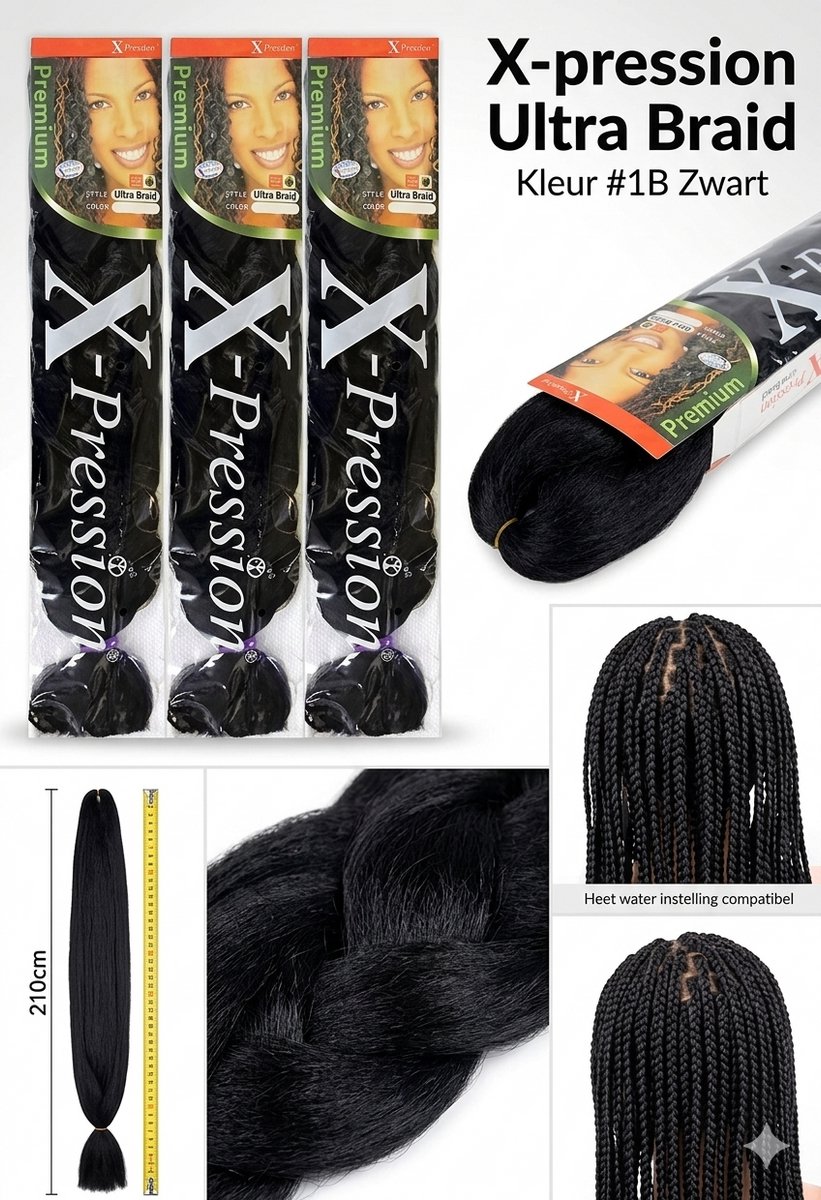 X-pression Ultra Braid Kunsthaar Haarextensions - Kleur #1B Zwart - 210 cm - Voordeelverpakking 3 Stuks - Premium Vlechtwerk voor Box Braids Professionele Kwaliteit Met Kajal Sticker