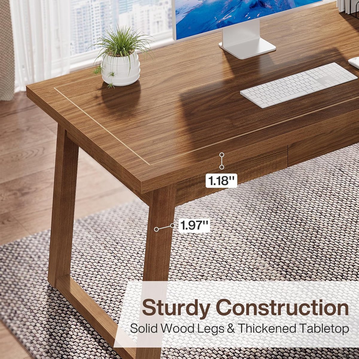 Computertafel Bureau 140x70x79 cm – House&Garden Executive Bureau van Hout – Industrieel Design Werktafel voor Thuiskantoor – PC Bureau / Vergadertafel – Walnootbruin – Massief Houten Poten – Krasbestendig MDF – Bureau met Lade