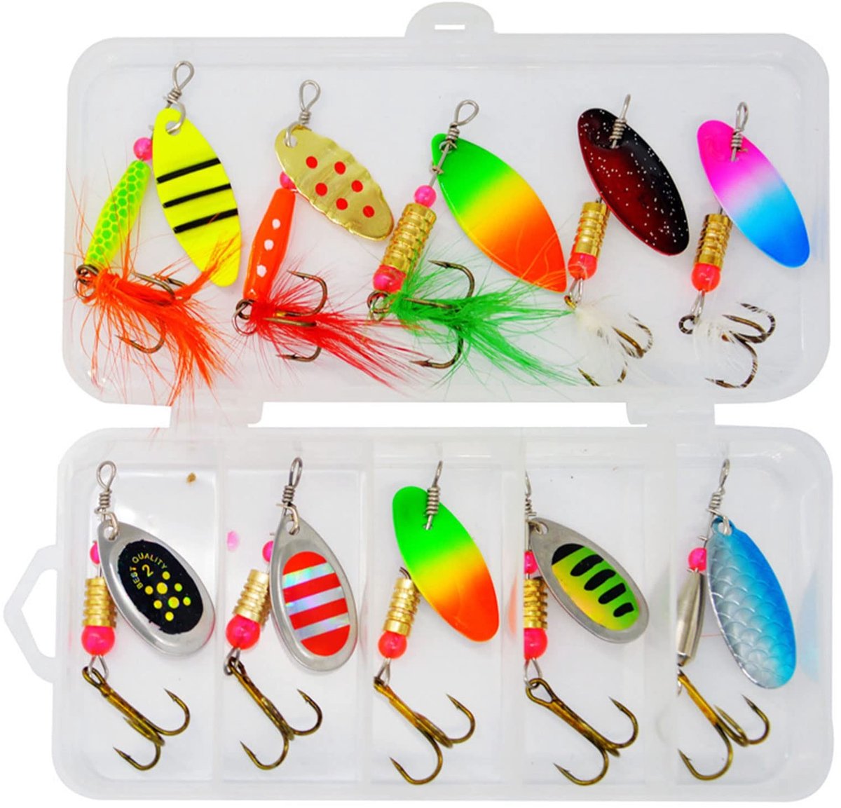 SOUQONE- Spinner Kunstmatige Visserij - 10 Stuk Set - Forellepel/Kunsthaas - Drietandige Haak - Neon Kleuren - Hoogwaardige Materialen - Kunstaas