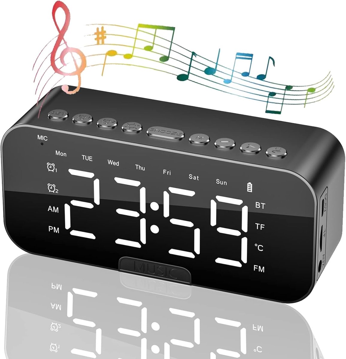 Wekker met Speaker - Digitale Klok - Nachtkastje Decoratie - Spiegel Display - 5.4 Inch Scherm - Zwart