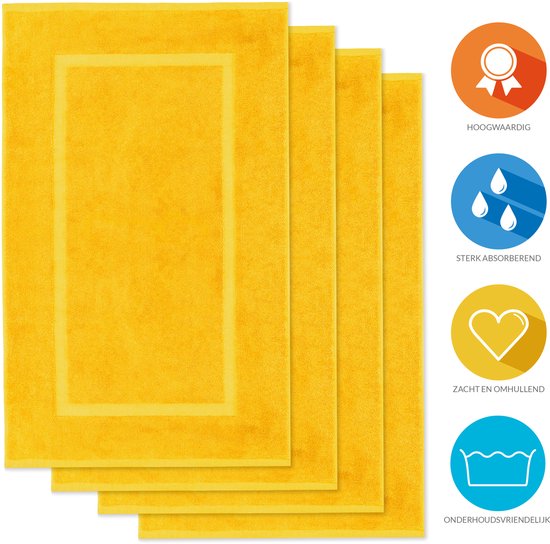 Lavea® Set van 4 Badmatten 50x80 cm Zacht en Absorberend – 100% Katoen, Wasbare Badkamermatten – Ideaal als Douche- of Badmat - Koolzaadgeel