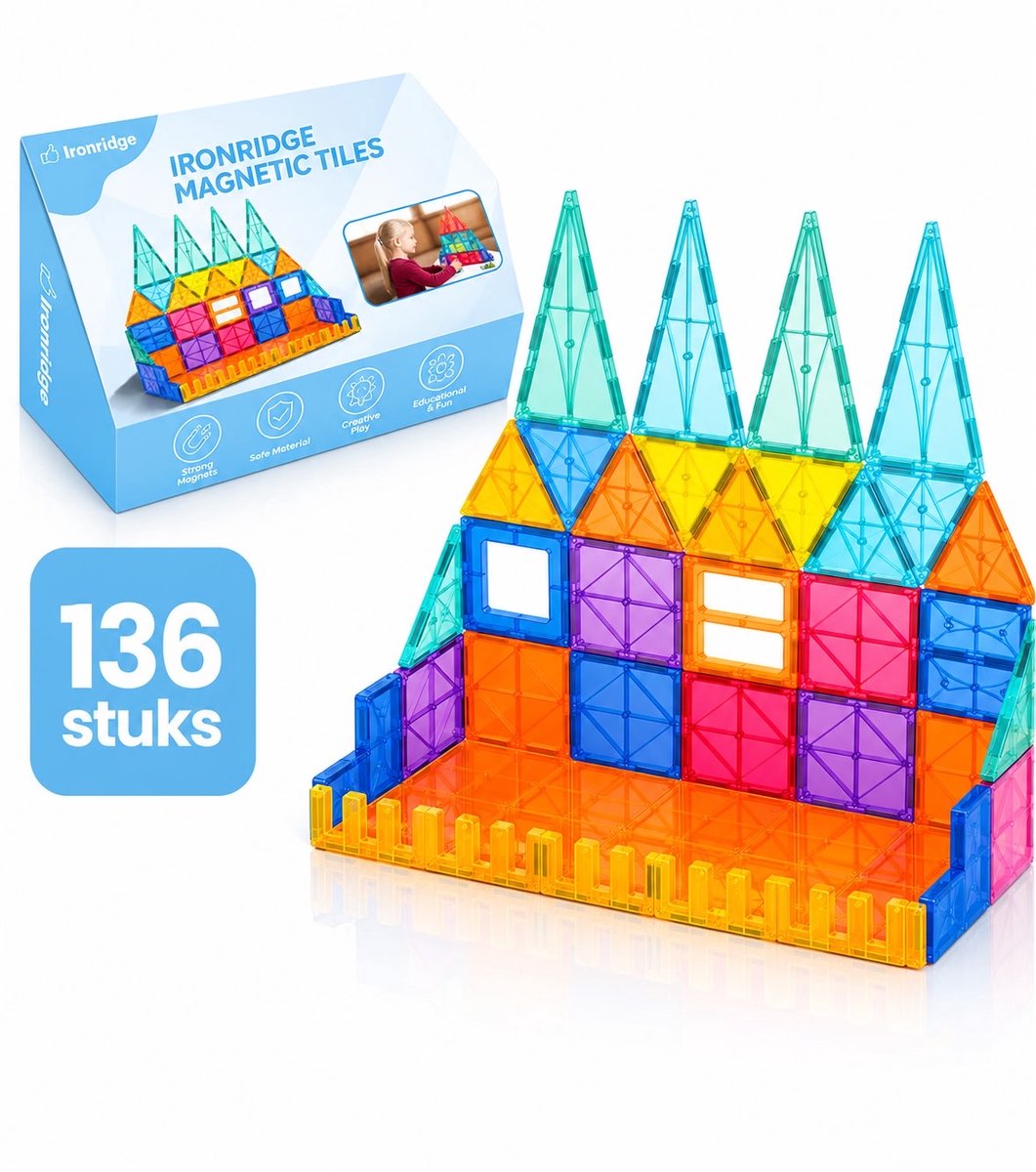 Ironridge® Magnetic Tiles - 136 stuks - Montessori speelgoed - Magnetisch Speelgoed - Speelgoed Kinderen - Bouwstenen - Magnetische tegels - Magnetic toys - Educatief & Constructie - Magna Wereld - Bouwblokken