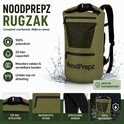 Groene, waterdichte 20 liter NoodPrepz rugzak met rolsluiting, verstelbare banden en meerdere vakken.