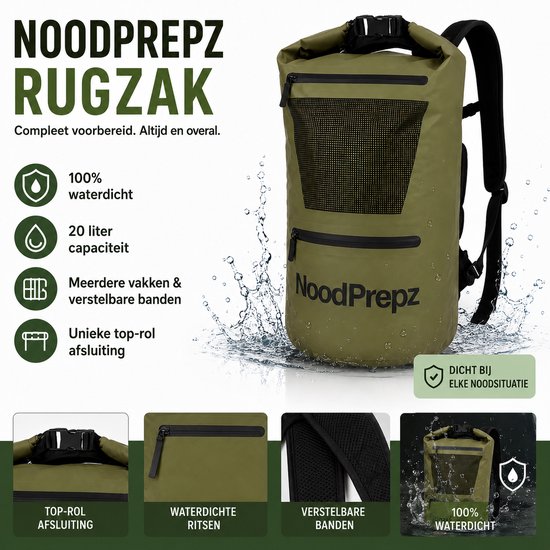 Groene, waterdichte 20 liter NoodPrepz rugzak met rolsluiting, verstelbare banden en meerdere vakken.