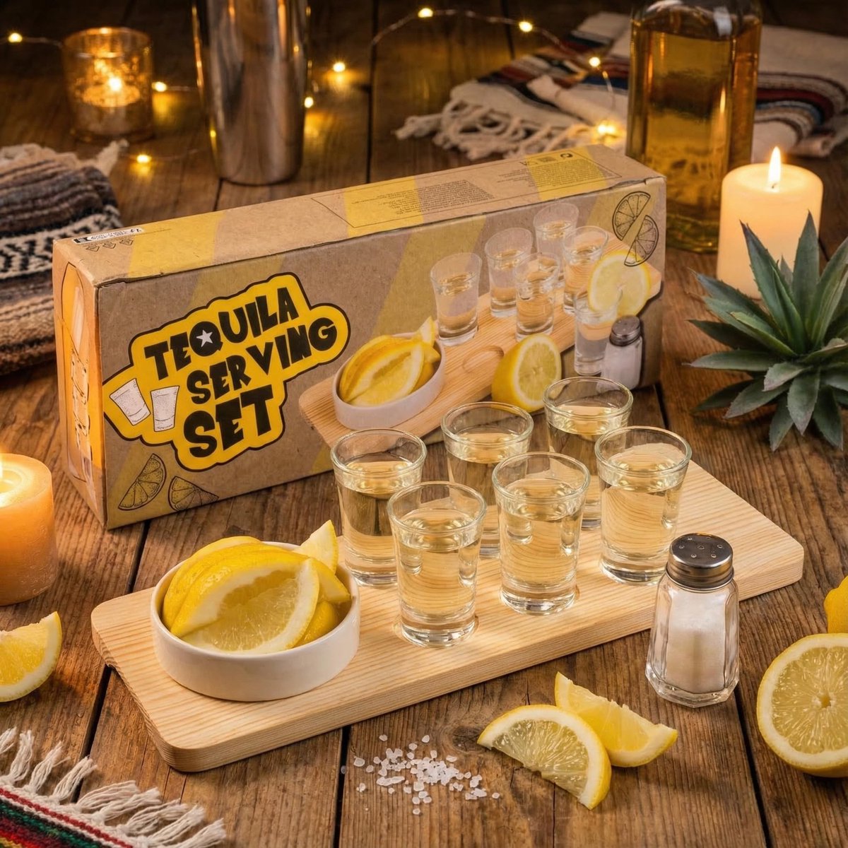 Dailygoods- Tequila-serveerset 9-delig - Houten Tequilaplank - 6 Borrelglazen - Zoutvaatje - Aardewerk schaal - Borrelglashouder - Tequila Set