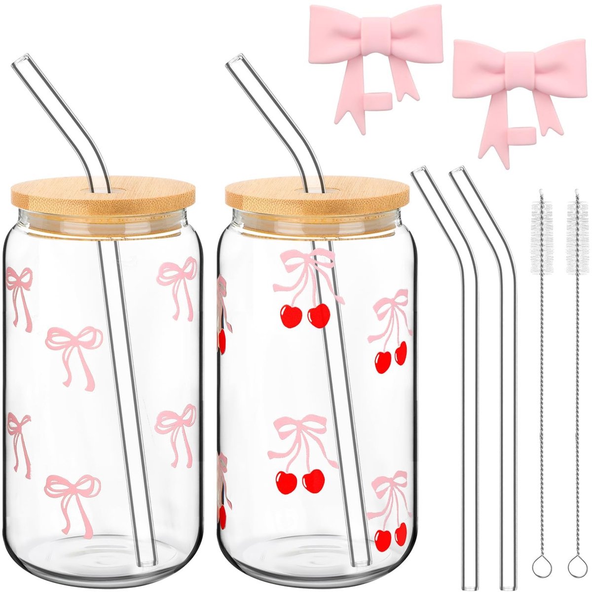 VLEMICO- Drinkglazen Set 2-delig - Inclusief Rietje - Schattige Roze Strik - Reinigingsborstel - Perfect voor Koffie/Sap - Tumblers