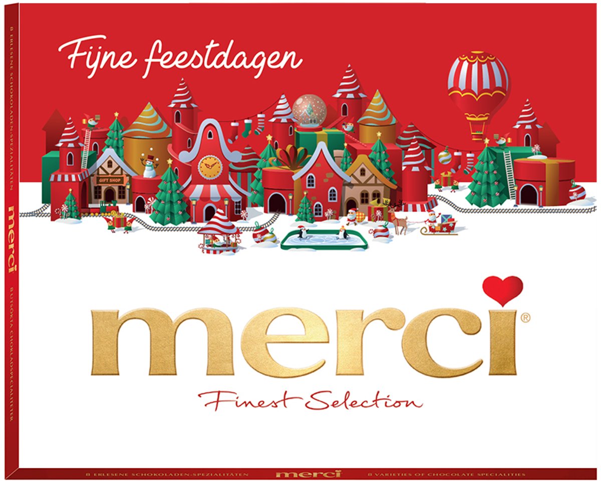 merci 250g "Fijne Feestdagen" - merci Finest Selection Assorted chocolade - Mix van 8 smaken - Chocolade cadeau - Kerstcadeau - Individueel verpakte chocoladereepjes