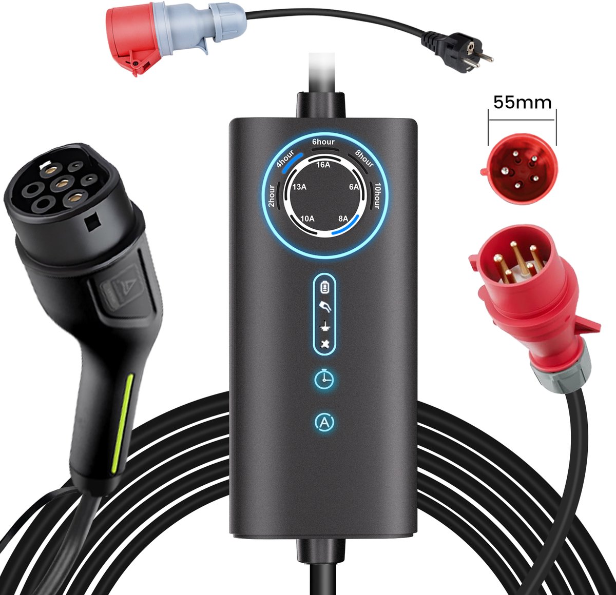 Hexinex Mobiele Thuislader 11kW - CEE naar Type 2 stekker EV oplader - 6 meter Laadkabel - 6A/8A/10A/13A/16A Huidige instelling - Schuko-adapter
