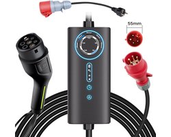 Hexinex Mobiele Thuislader 11kW - CEE naar Type 2 stekker EV oplader - 6 meter Laadkabel - 6A/8A/10A/13A/16A Huidige instelling - Schuko-adapter