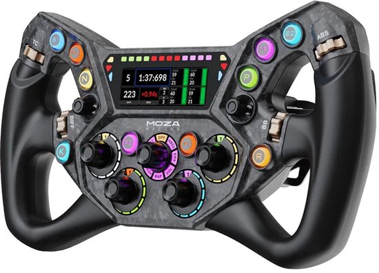 Zwart racestuur met HD-display dat '5 1:37:698 223 +0.94s' weergeeft, en gekleurde knoppen.