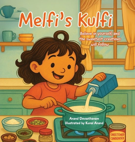 Illustration de livre d'une jeune fille aux cheveux bruns préparant le Kulfi de Melfi. Elle verse du lait dans une casserole.