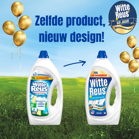 Witte Reus XXXL 100 wasbeurten vloeibaar wasmiddel naast de '60 jaar Witte Reus' limited edition fles, met gouden ballonnen.