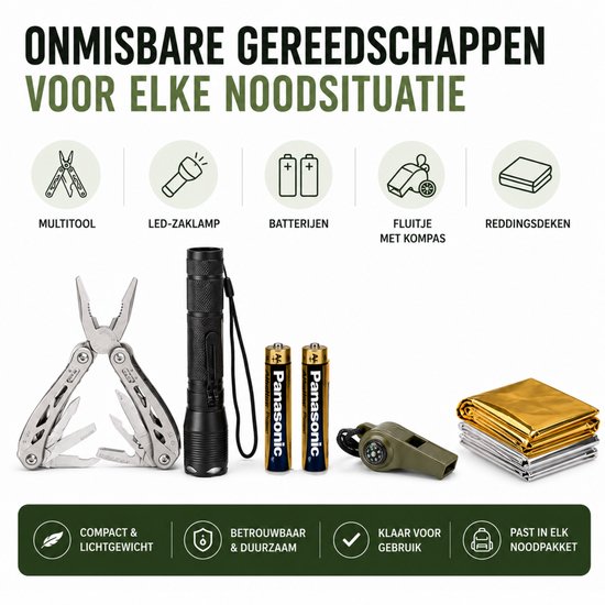 Onmisbare gereedschappen: multitool, LED-zaklamp, batterijen, fluitje met kompas en reddingsdeken.