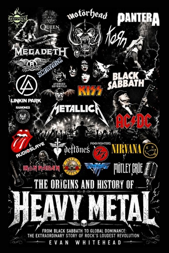 Boekomslag met logo's van bekende heavy metal bands zoals Metallica, Iron Maiden en Motörhead. De titel "THE ORIGINS AND HISTORY OF HEAVY METAL" staat prominent onderaan.