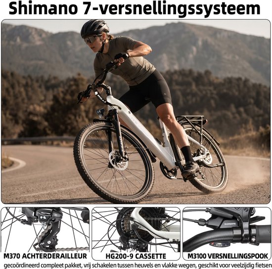 TTGO C5 Elektrische Fiets - 648Wh Accu -Actieradius tot 110 km - 48V 250W Motor -Hydraulische Schijfremmen -27,5 × 2,4 Inch Banden - Shimano 7 Versnellingen - Aluminium Frame - LCD Display - Elektrische Stadsfiets -Max. Belasting 125 kg -Parelwit van TTGO — afbeelding 4