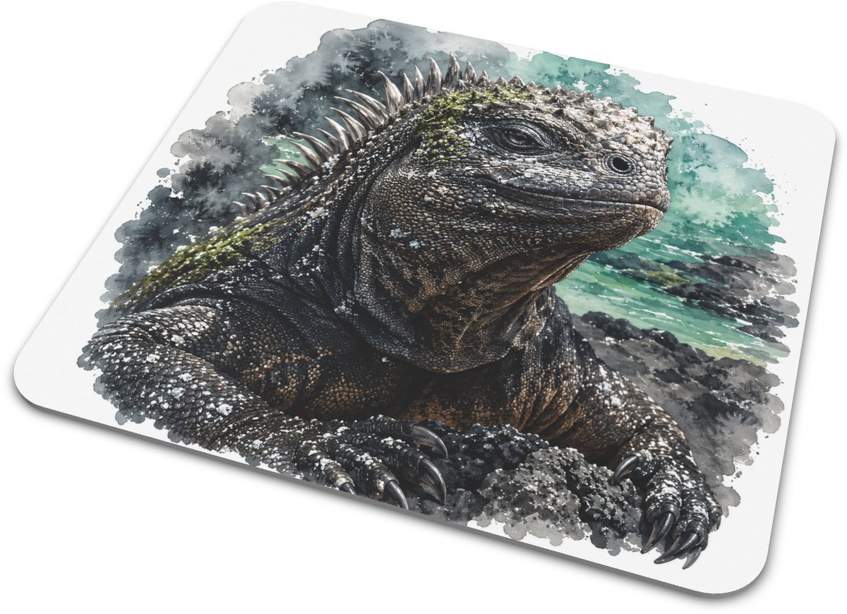 Muismat Zeeleguaan Amblyrhynchus cristatus Aquarel - Rechthoekige Anti Slip Muismat - Galapagos Dieren Print - Kantoor Thuiswerk Decoratie - 22x20 cm