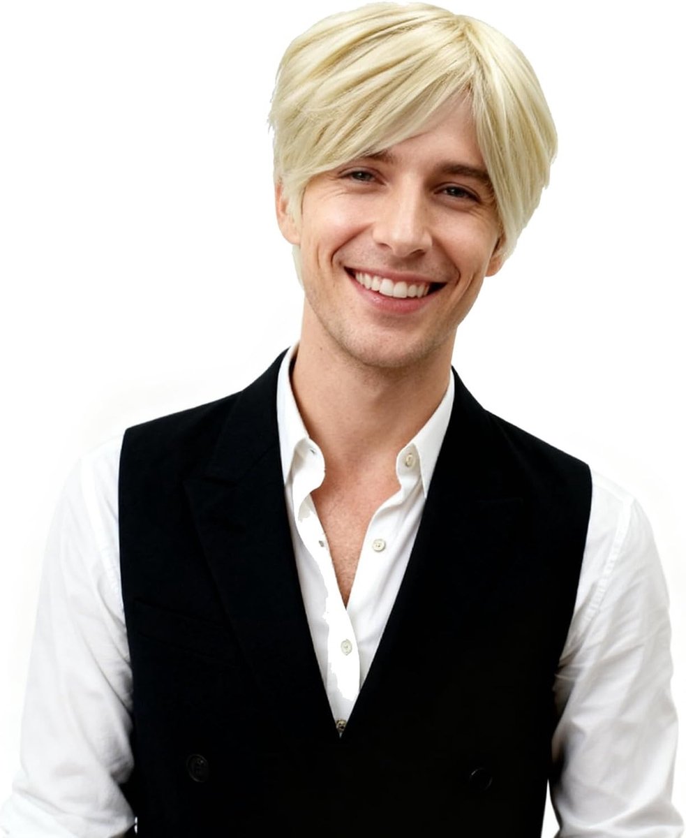 Korte blonde mannenperruque met fluffy natuurlijk haar en bangs voor carnaval, feest en dagelijks gebruik