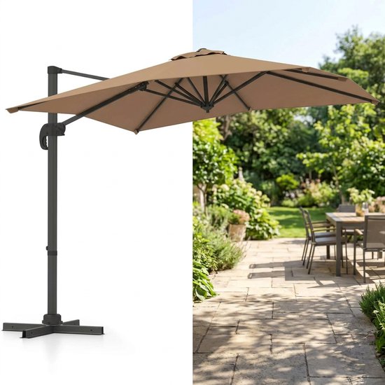 Bruine rechthoekige zweefparasol met grijs metalen frame en voet.