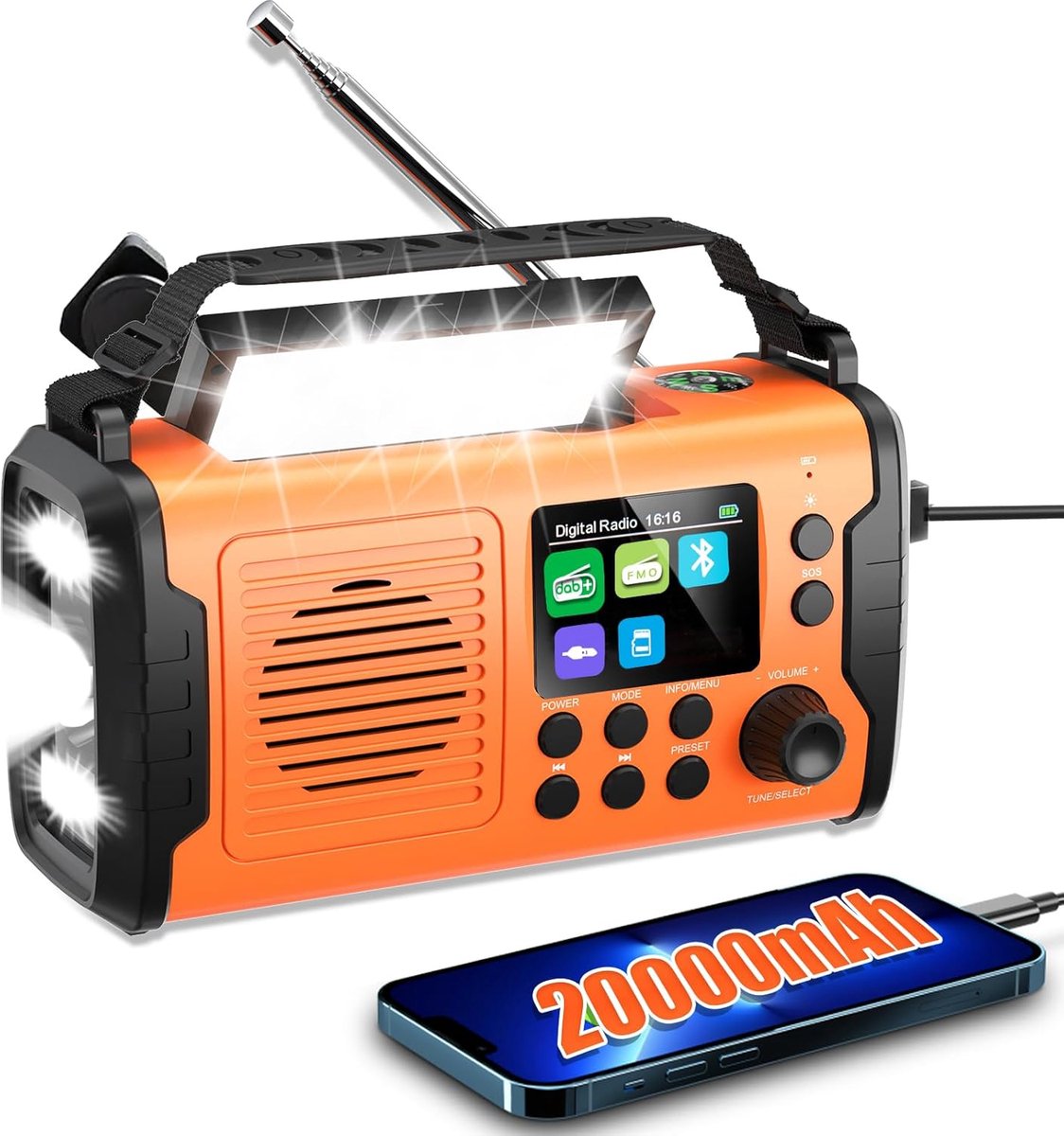 Noodradio met Oplader - Draagbare Radio - Voorbereiding Noodsituaties - 20.000 mAh Batterij - 11-in-1 Functies - Oranje