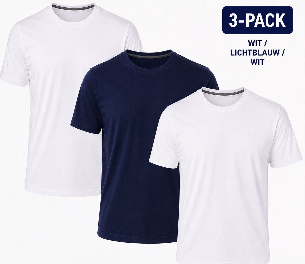 Comfortabele 3-pack T-shirts voor heren - 2 zwarte & 1 wit, 100% katoen, casual en duurzaam-Wit, Lichtblauw, Wit-S