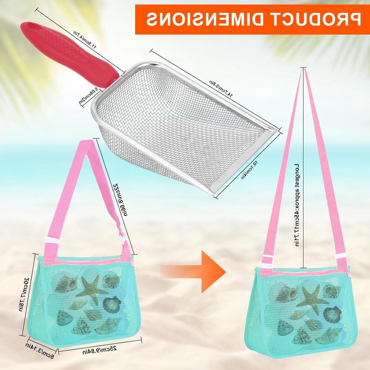 Speelse Strandtas met Net, Schep en Herbruikbare Verzamelzak voor Kinderen, Perfect voor Jongens en Meisjes om te Spelen op het Strand