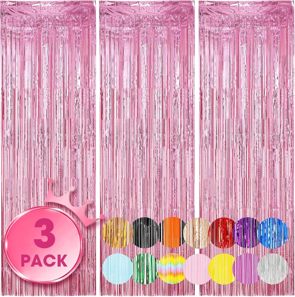 OLOEY Set van 3 lichtroze foliegordijnen met franjes(1 x 2m)-decoratie voor verjaardagsfeest-diplomauitreiking-babyshower-gender reveal of discofeest