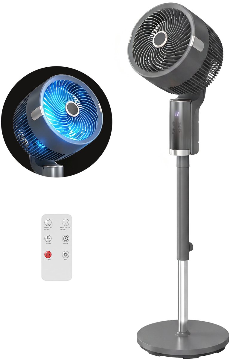 Statiefventilator - Zuinige Ventilator met 8 snelheden - Timer en Nachtmodus - In hoogte verstelbaar - Horizontale + verticale oscillatie - Fluisterstil - Stille Ventilator - Grijs