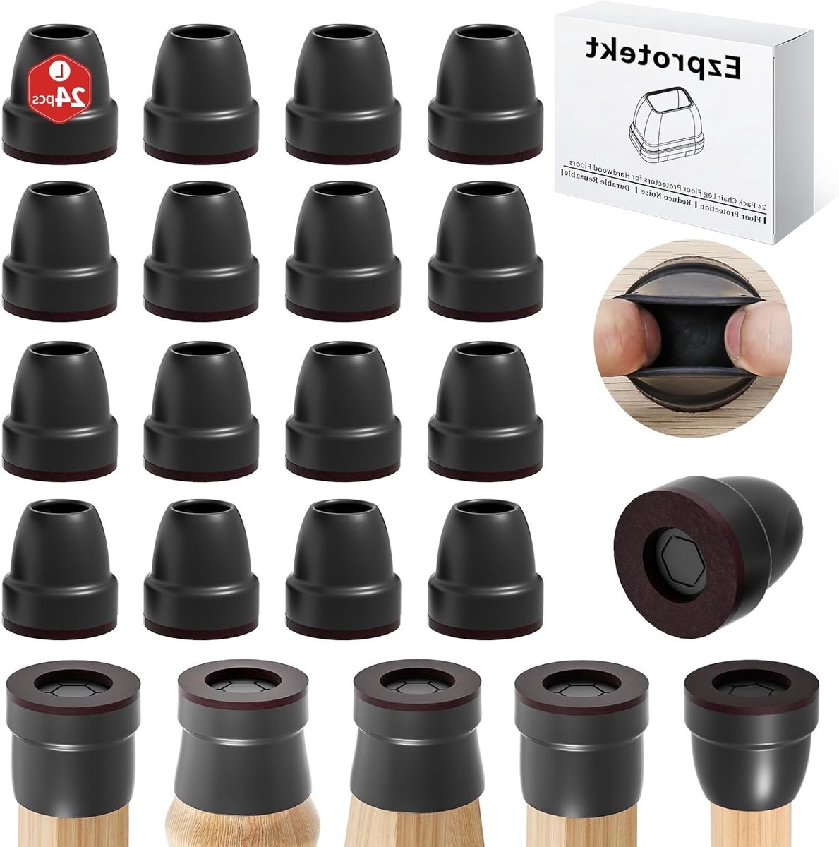 Zwarte Siliconen Vloerbeschermers voor Stoelpoten - 24 Stuks, Geluidsdempende en Krassenvrije Rubber Caps voor Poten van 21-25mm