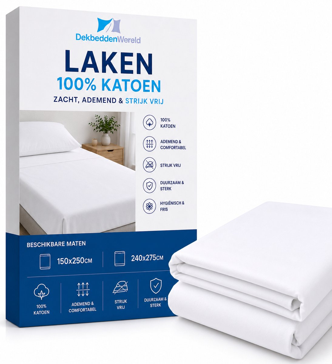 dekbeddenwereld Laken- eenpersoons- 150x250CM- hoogwaardig katoen- strijkvrij - wit