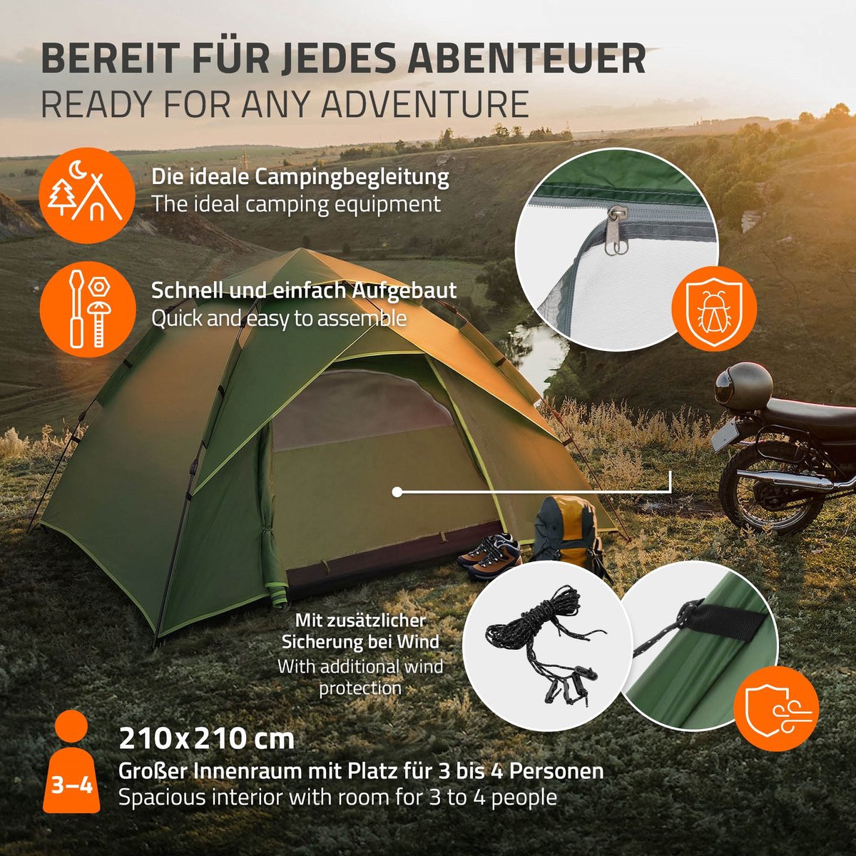 Pop-up tent voor 4 personen, kampeertent outdoor groen, dubbelwandige koepeltent met 2 deuren, waterdicht & winddicht met draagtas – foto 3