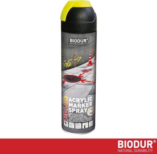 Zwart-grijze spuitbus BIODUR ACRYLIC MARKER SPRAY met gele dop, op een grijze achtergrond.