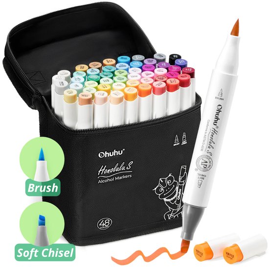 Ohuhu - Honolulu S Brush & Soft Chisel - Alcohol Art Markers &ndash; 48 kleuren