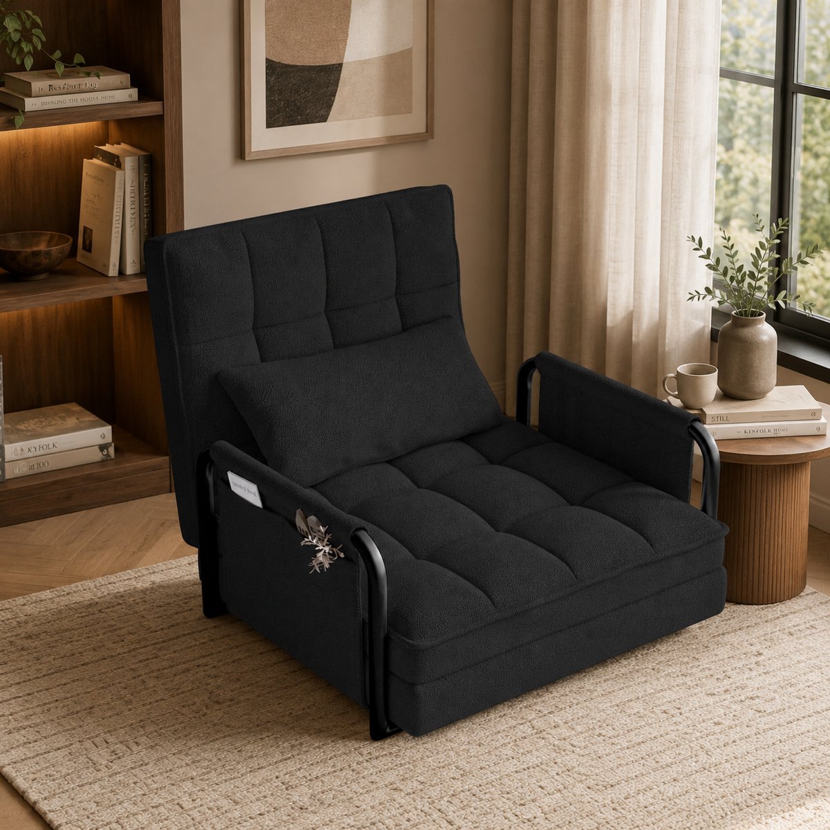 Slaapstoel - Vijf verstelbare posities - Slaapfauteuil Met armleuningen en rugsteun - Eenpersoons slaapbank Met zijzakken - Logeerstoel - Logeerbed - Metalen poten - Teddy - Zwart