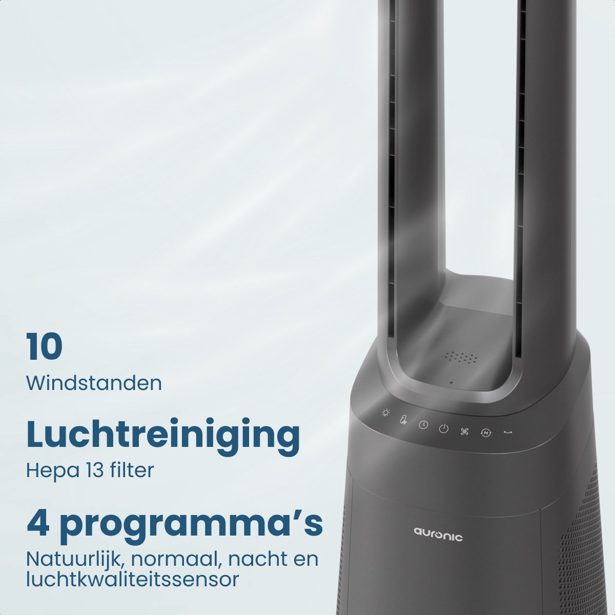 Auronic Torenventilator - Bladeless Model 2 in 1 - Luchtreiniger met HEPA-filter - Ventilator - 10 Standen - Afstandsbediening - 105 cm - Lichtgrijs — afbeelding 3