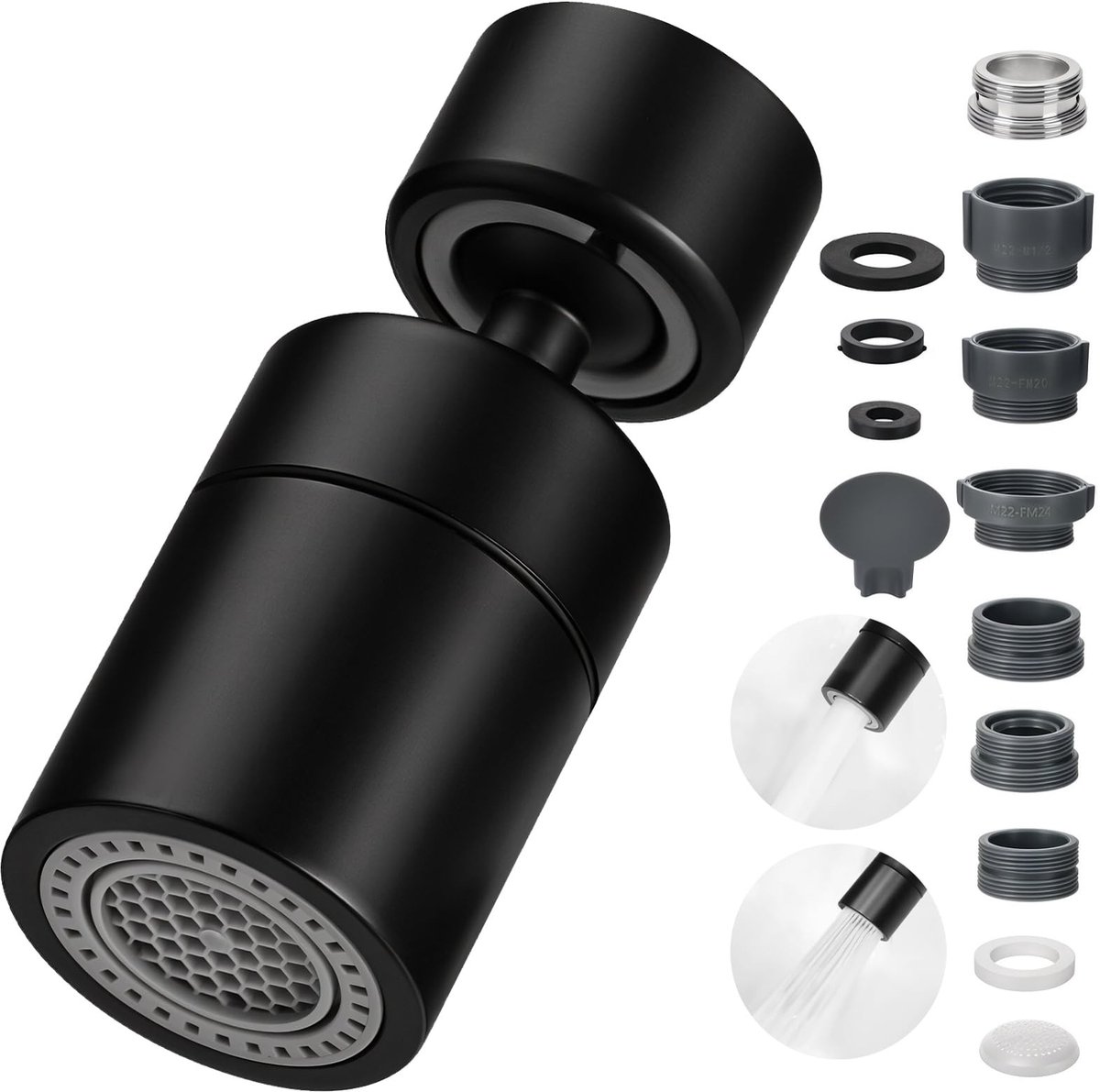 Dailygoods - 360 graden kraanopzetstuk - waterbesparend - zwart - draaibare waterbesparer - voor keuken en badkamer - met 2 straalsoorten