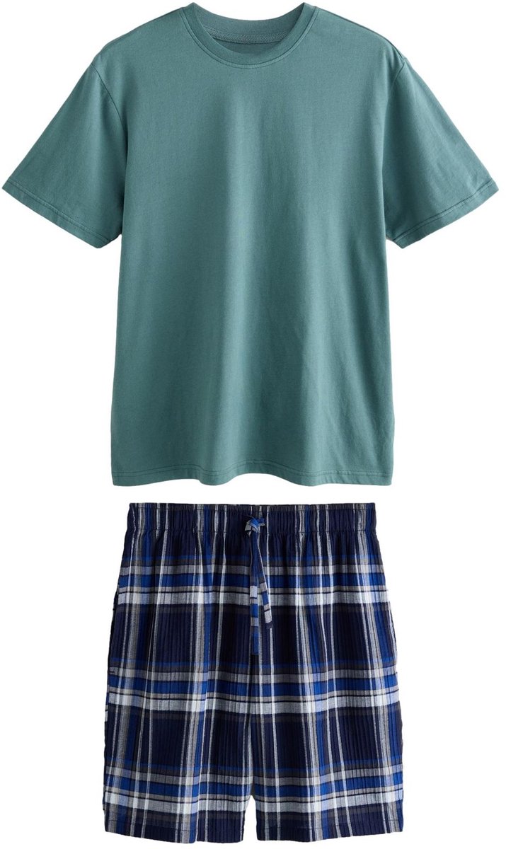 Next - Heren - Geweven pyjamaset met korte mouwen - Blauw