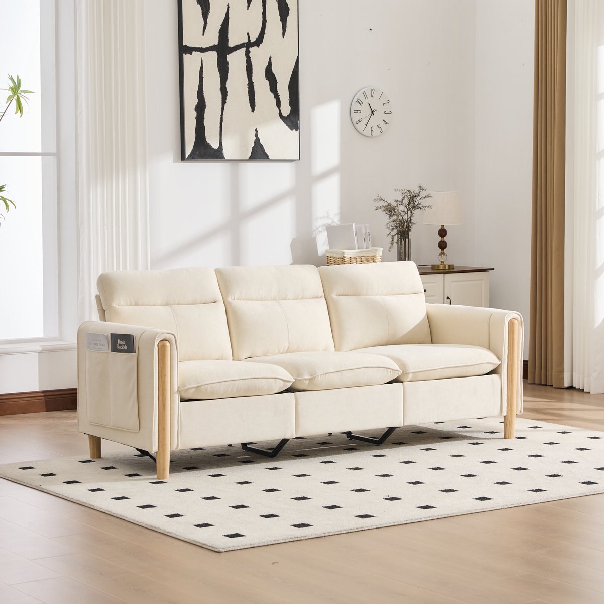 STILVORA Hoekbank 201 Cm - 3-Zits Met Opbergpoef En Zijvakken - Voor Woonkamer En Kleine Ruimtes - Chenille - Beige