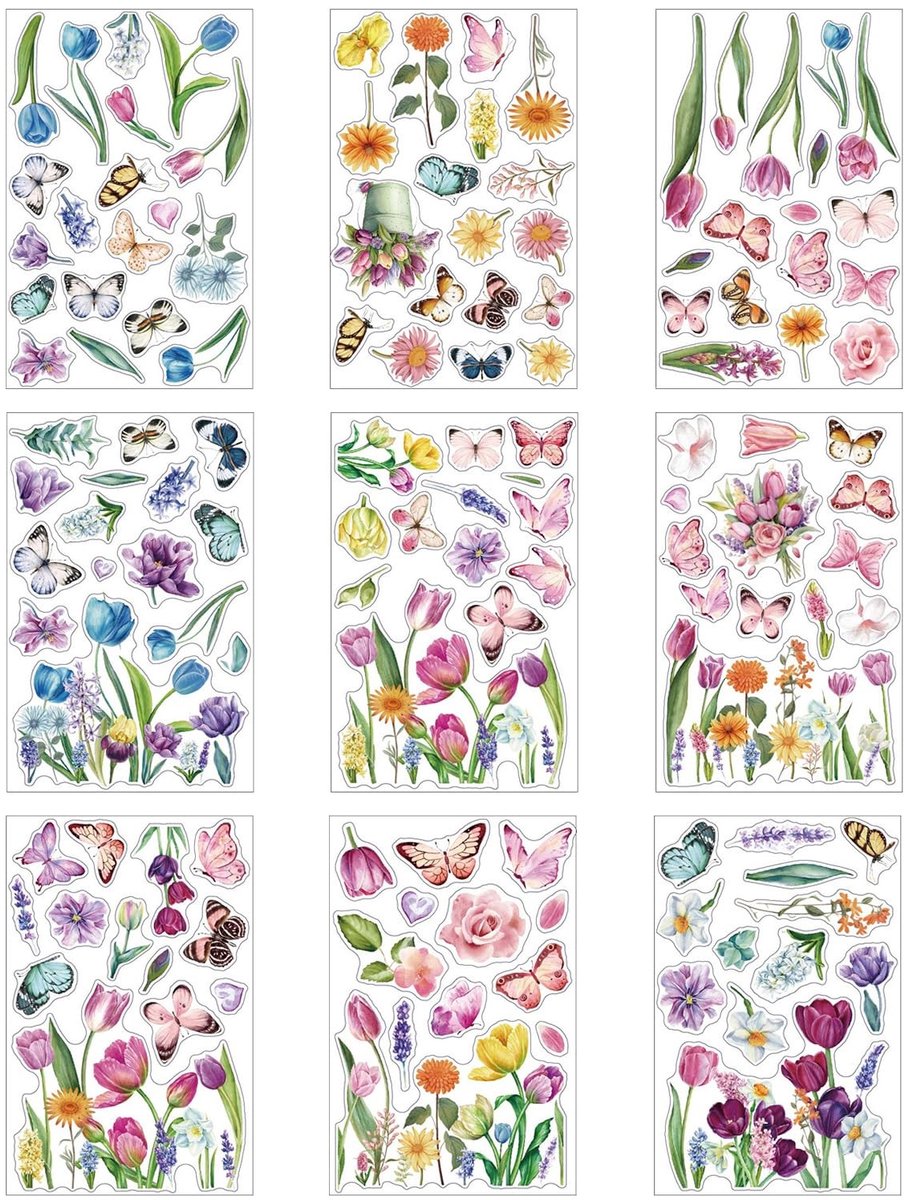 Dailygoods- Raamstickers - 9 Stuks - Vlinders/Bloemen - PVC - Zelfklevend - 20 x 30 cm - Voor Lente/Zomer Decoratie - Decoratiestickers