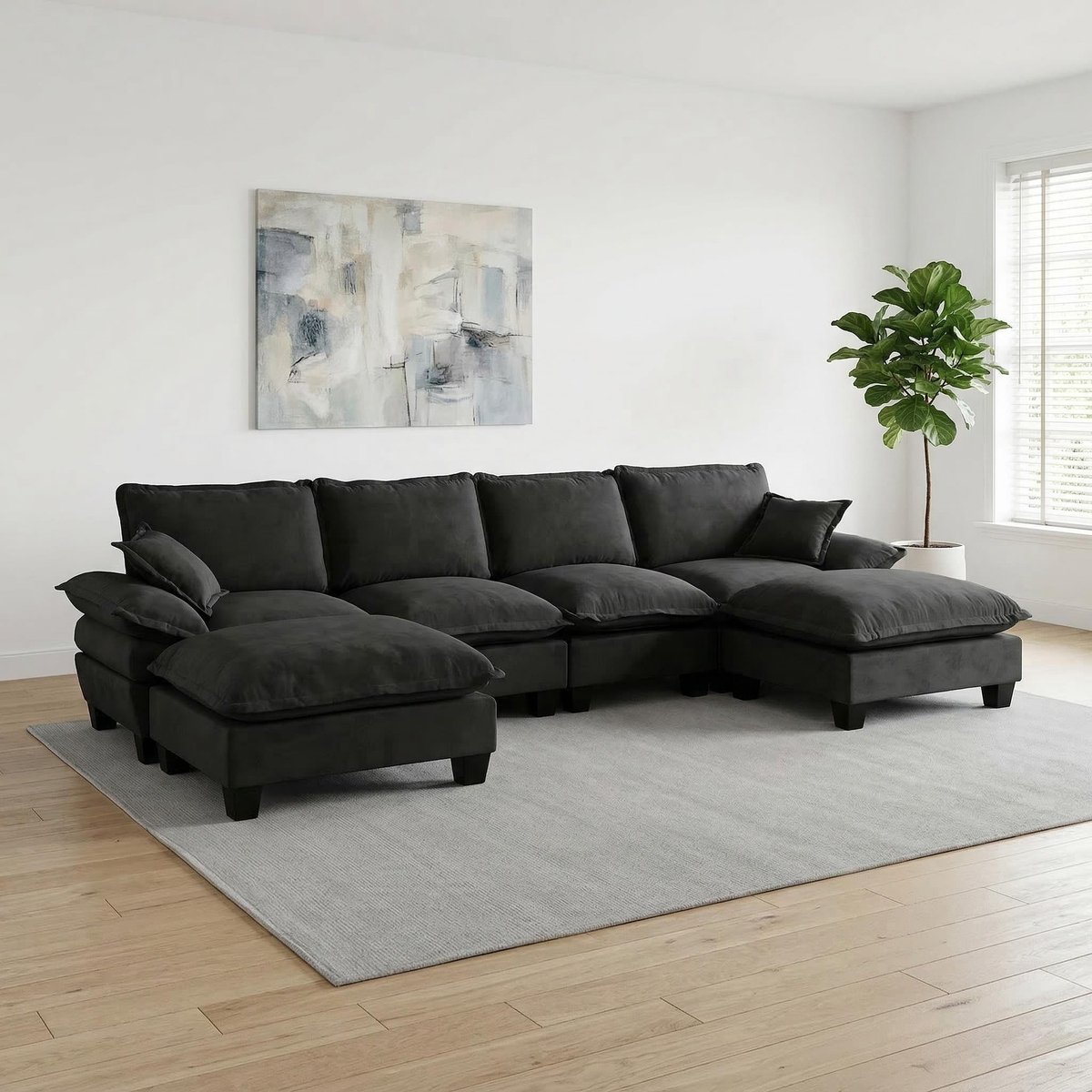 FloraGrace U-Bank 6-Zits - Modulaire Hoekbank Met Verplaatsbare Ottomanen En Zachte Chenille - Voor Woonkamer En Appartement - Zwart