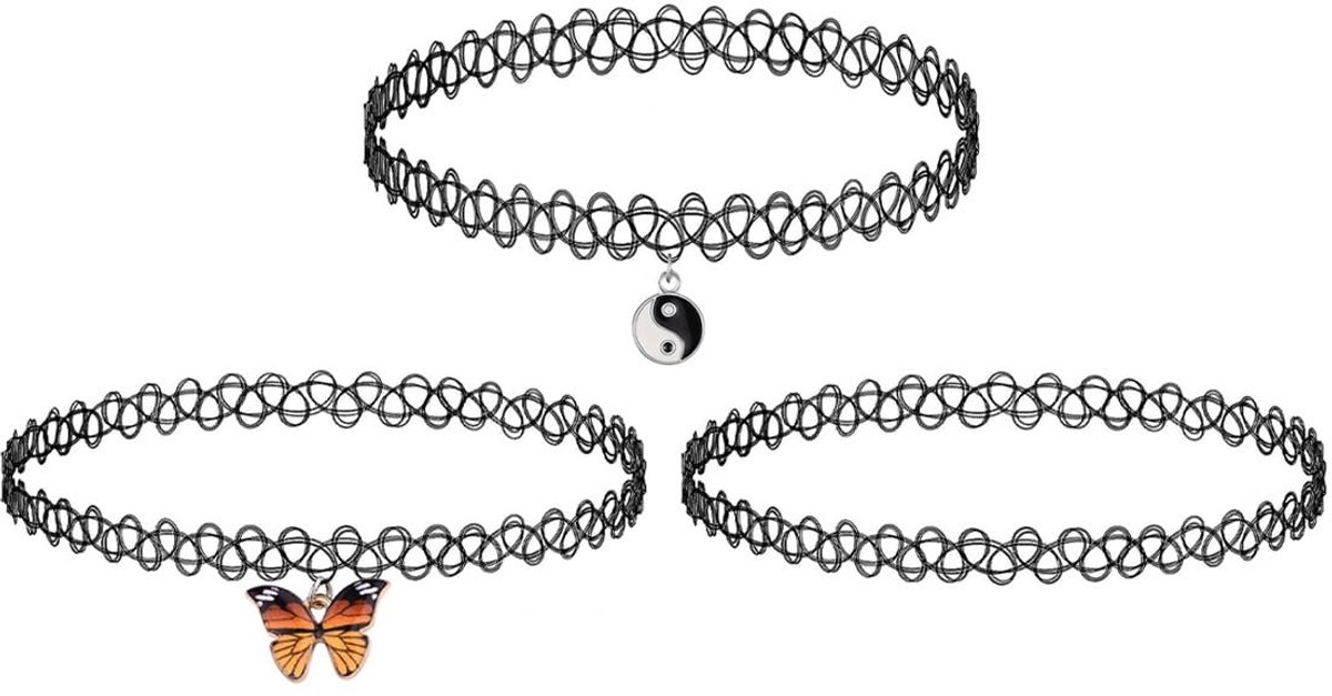 Dailygoods - Set van 3 Zwarte Tattoo Chokers voor Vrouwen en Tieners