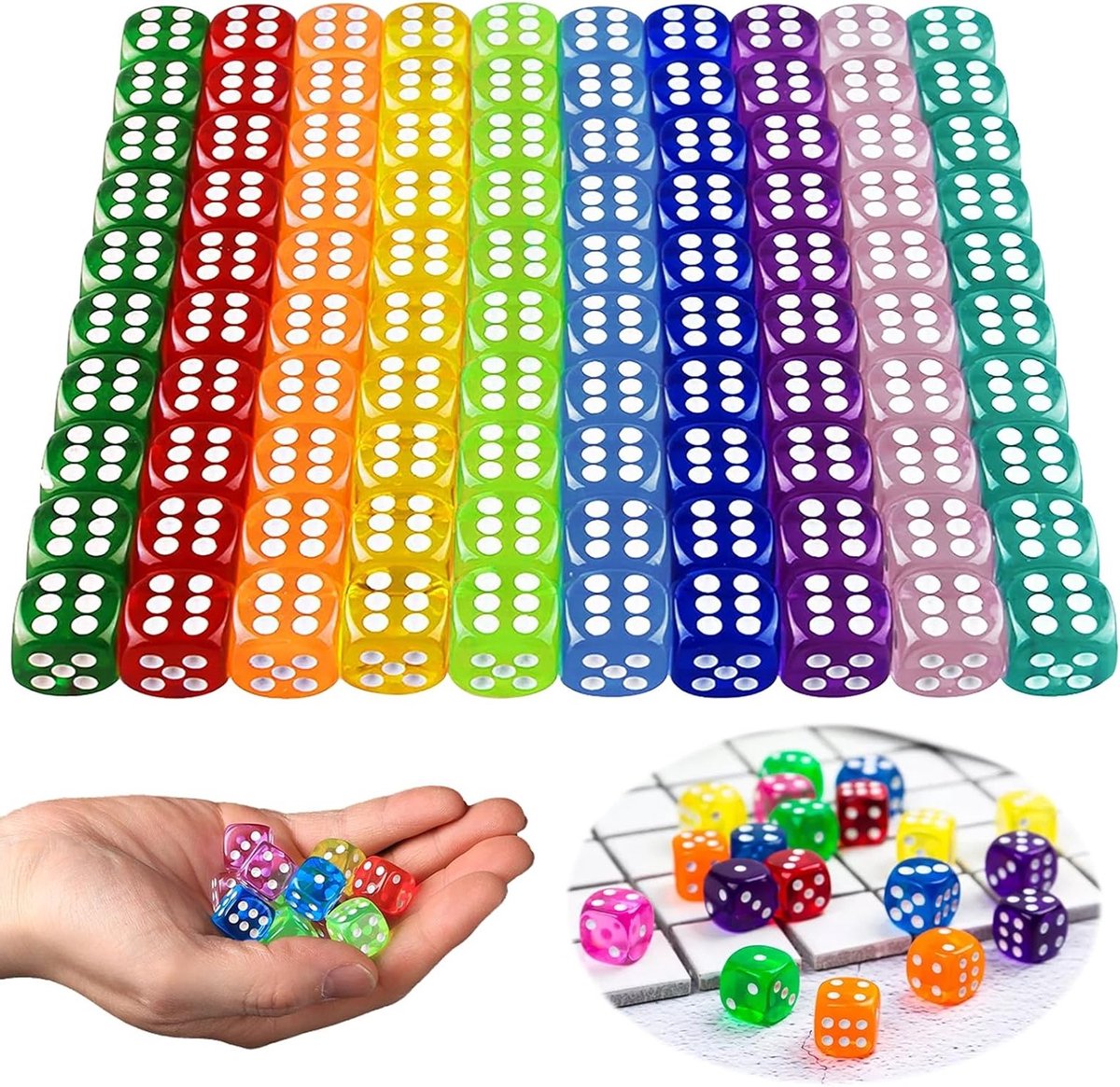Zeszijdige dobbelstenen set van 100 stuks, 14mm in 10 kleuren, acryl dobbelstenen voor bordspellen, wiskunde leren en feestjes