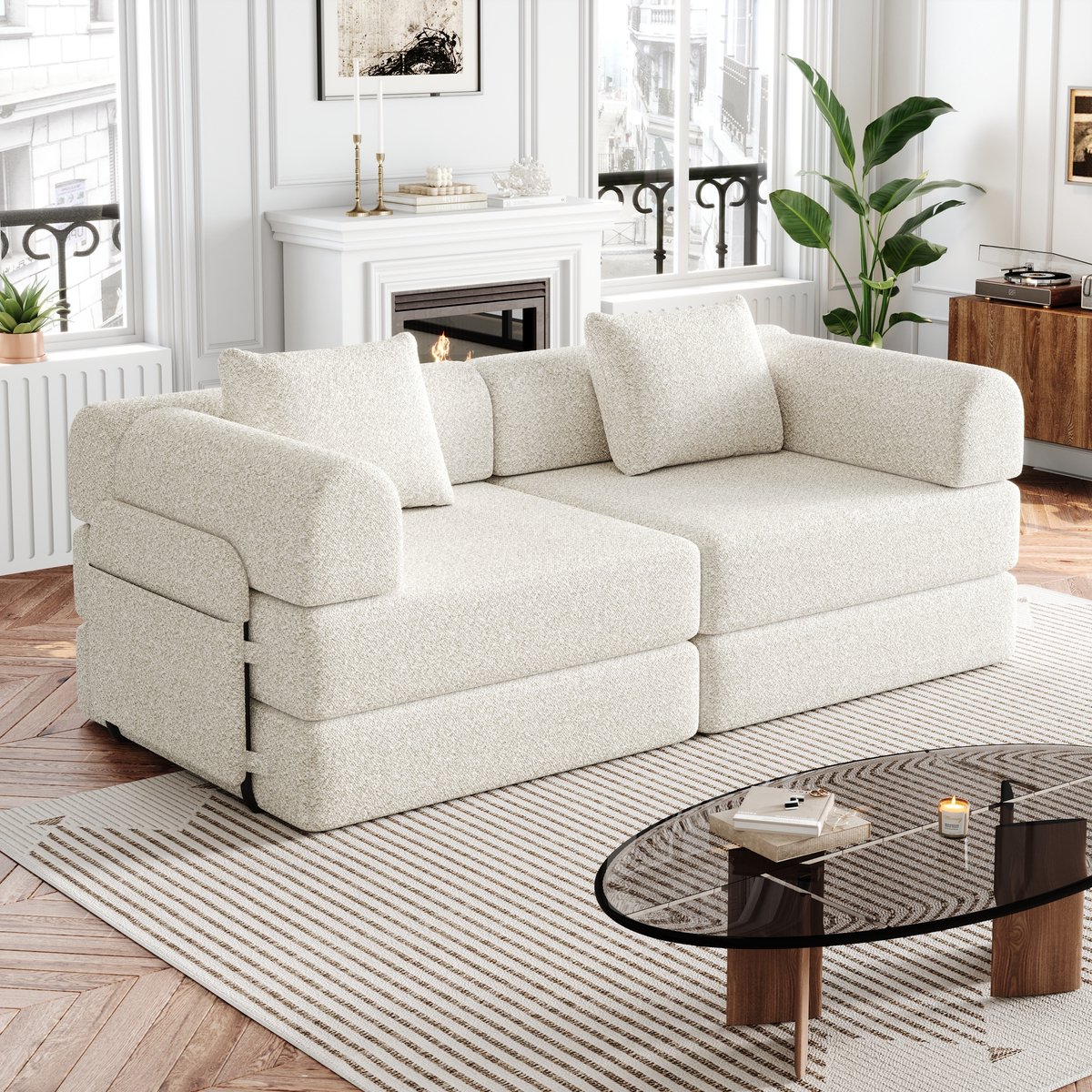 MODENUIT Slaapbank 1-zits - 2-in-1 Omvormbaar Tot Bed Met Opbergvak In Armleuning - Woonkamer - Chenille Beige