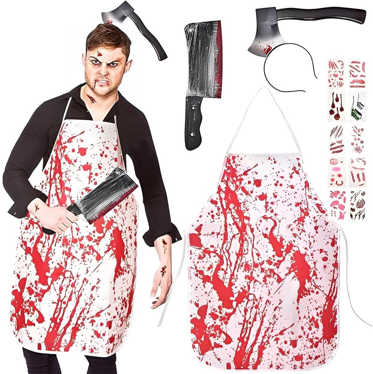 SOUQONE - Halloween Slachtkostuum voor Heren en Dames - Bloedig Schort met Keukenmes en Bijl