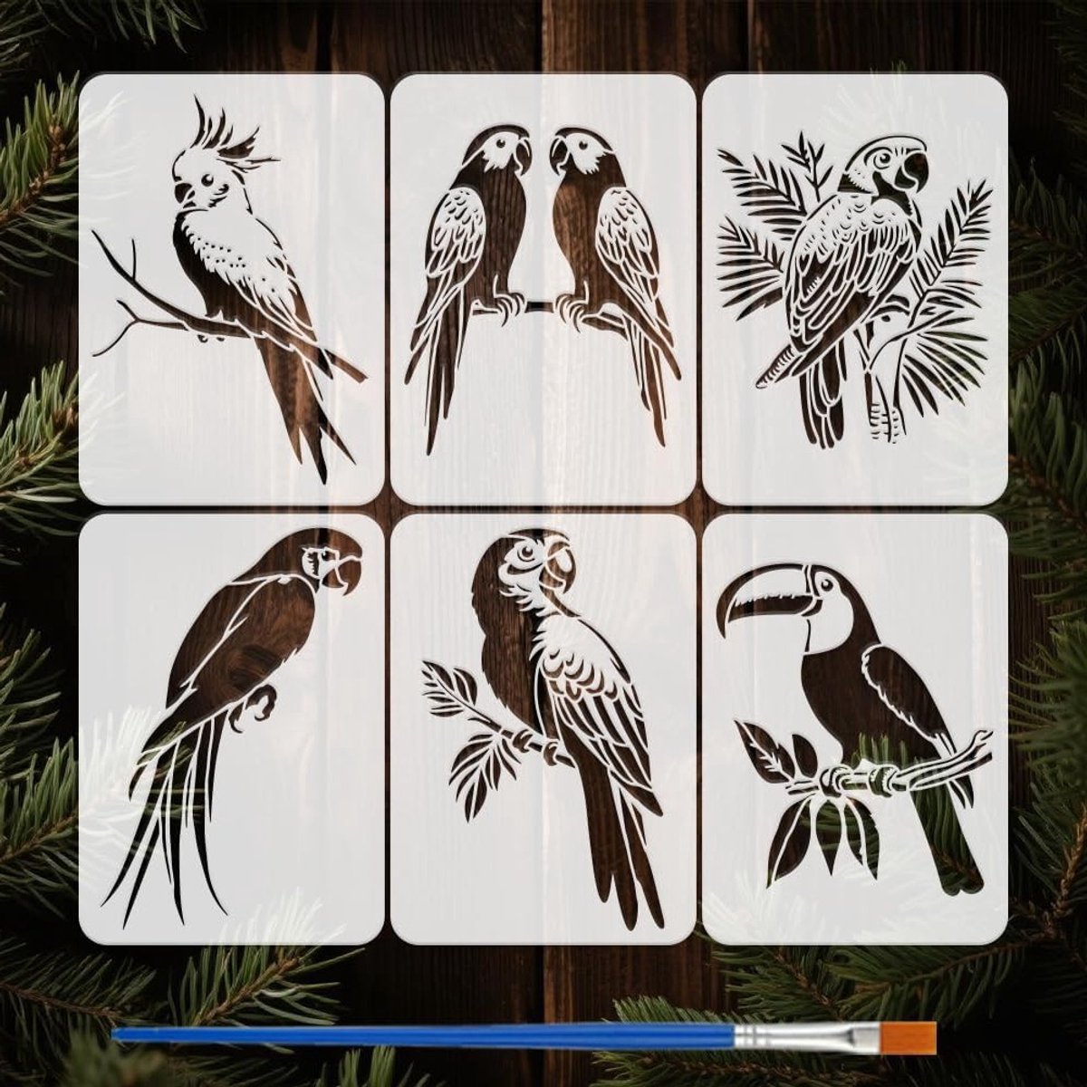 6 Stuks Papegaai Sjablonen met Plastic Kwast, Herbruikbare Stencils voor Schilderen, Creatieve DIY Kunst en Ambachten, 21x29.7cm
