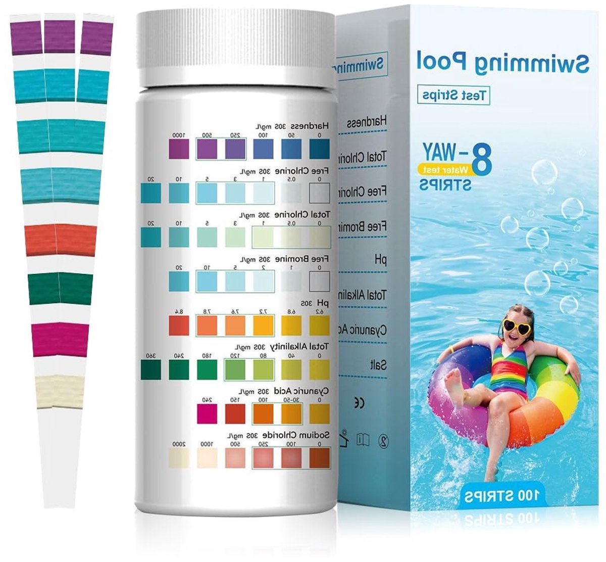 Complete 8-in-1 Water Test Strips voor Zwembaden en Spa's - 100 Stuks, Nauwkeurige Analyse van pH, Chloor en Alkaliteit