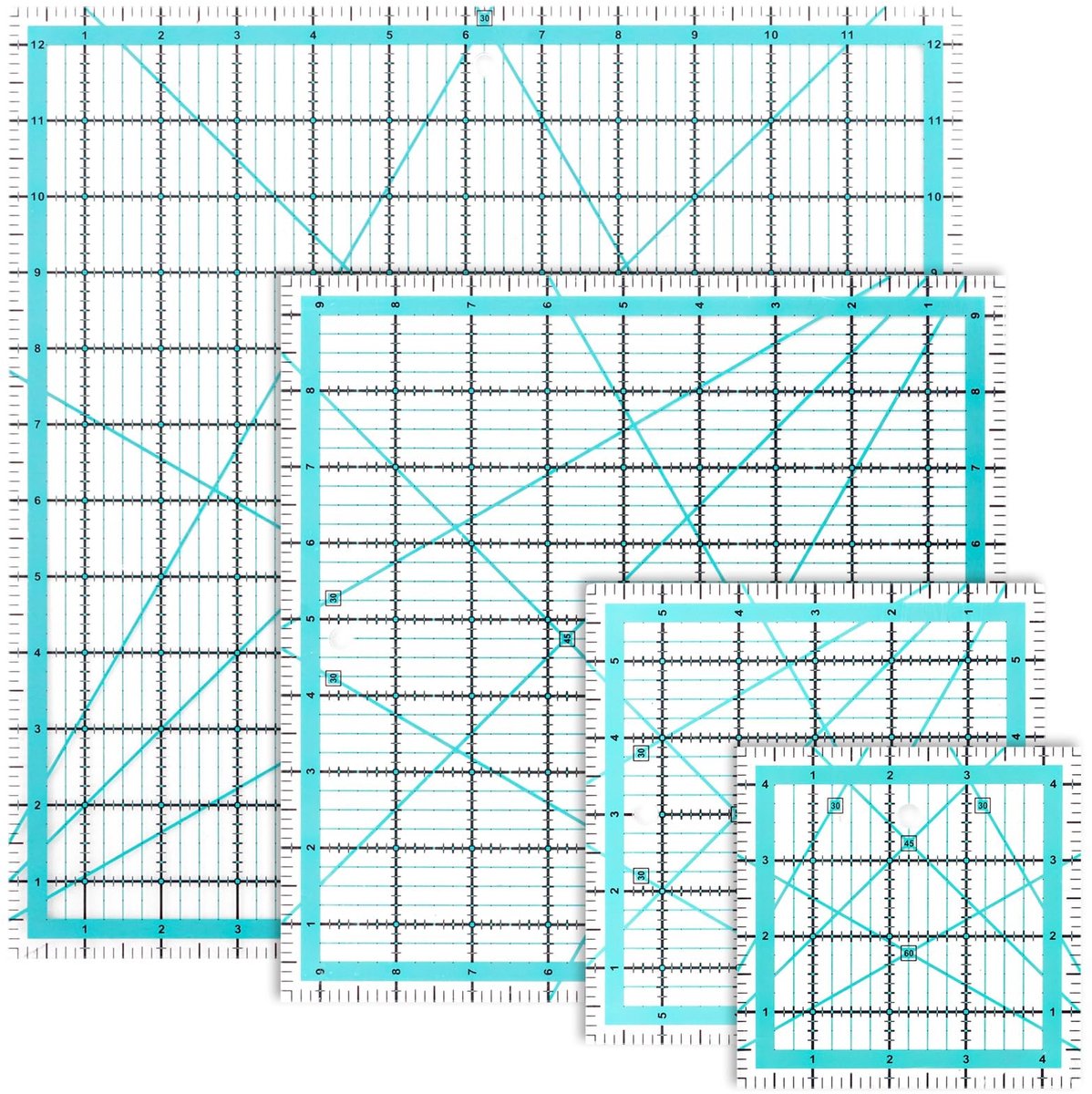 Dailygoods- Naadliniaal 31,75 cm - 4 Stuks - Transparant - Schaal/Hoekweergave - Patchwork - Duurzaam Materiaal - Snijliniaal