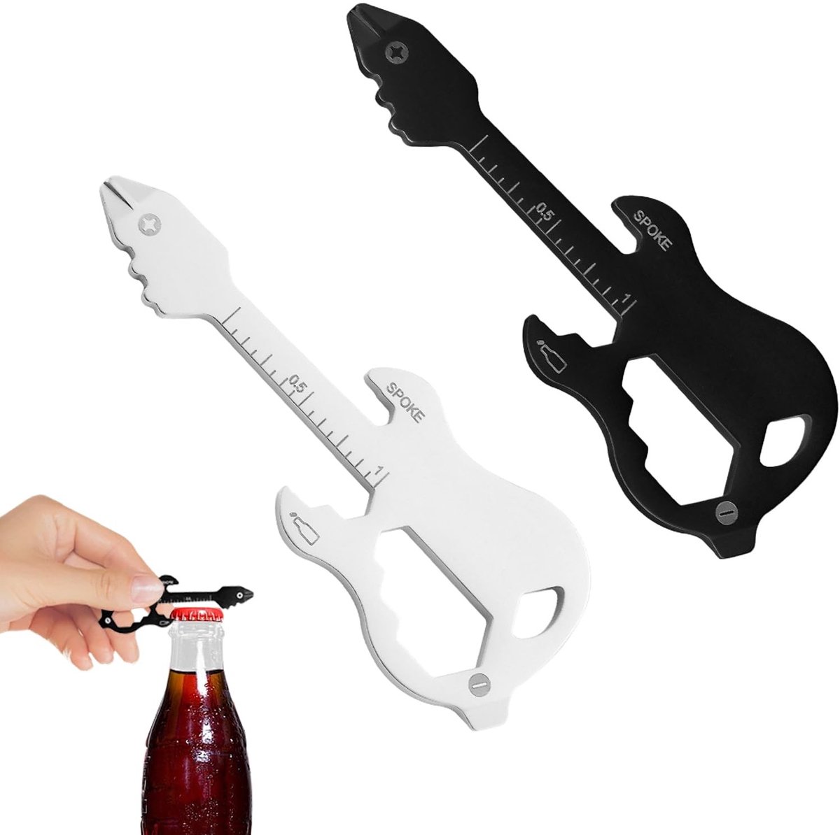 Dailygoods- Bierflesopener 2 stuks - Multifunctioneel 6-in-1 - Roestvrij Stalen Gereedschap - Draagbaar - Gitaarvorm - Afmetingen 7,5 x 2,8 cm - Flesopener